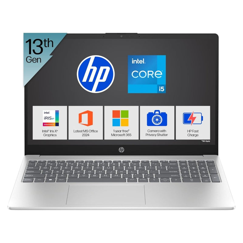 HP 15, 13TH GEN INTEL CORE I5 - 1334U (16GB DDR4, 1TB SSD) FHD, ANTI - GLARE, MICRO - EDGE, 15.6''/39.6CM, WIN11, M365(1YR) OFFICE24, SILVER, 1.59KG, FD0552TU, IRIS XE, FHD CAMERA W/SHUTTER, BACKLIT LAPTOP - SWIFT PERIPHERALS1095023