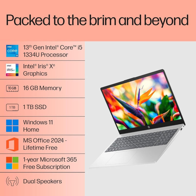 HP 15, 13TH GEN INTEL CORE I5 - 1334U (16GB DDR4, 1TB SSD) FHD, ANTI - GLARE, MICRO - EDGE, 15.6''/39.6CM, WIN11, M365(1YR) OFFICE24, SILVER, 1.59KG, FD0552TU, IRIS XE, FHD CAMERA W/SHUTTER, BACKLIT LAPTOP - SWIFT PERIPHERALS1095023