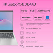 HP 15, AMD RYZEN 3 7320U, 8GB LPDDR5, 512GB SSD, ANTI - GLARE, MICRO - EDGE, 15.6 - INCH (39.6 CM), FHD, AMD RADEON GRAPHICS, 1080P HD CAMERA, (WIN 11, SILVER, 1.59 KG), FC0154AU - SWIFT PERIPHERALS1092515