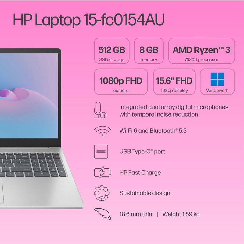 HP 15, AMD RYZEN 3 7320U, 8GB LPDDR5, 512GB SSD, ANTI - GLARE, MICRO - EDGE, 15.6 - INCH (39.6 CM), FHD, AMD RADEON GRAPHICS, 1080P HD CAMERA, (WIN 11, SILVER, 1.59 KG), FC0154AU - SWIFT PERIPHERALS1092515