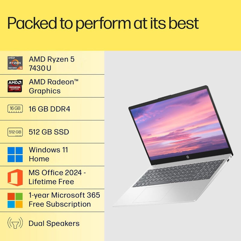 HP 15 FC0389AU [R5 - 7430U/16GB/512GB SSD/WIN11 HOME+MS24/15.6"/INTEGRATED GRAPHICS/1 YEAR(S)/SILVER] - SWIFT PERIPHERALS1094778