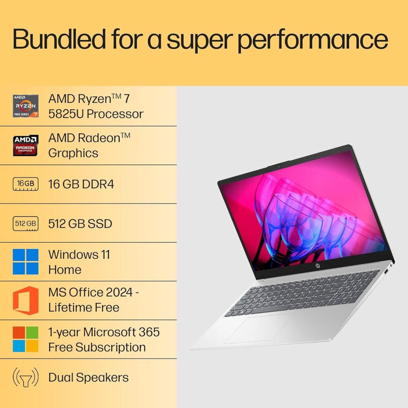 HP 15 FC0476AU [R7 - 5825U/16GB/512GB SSD/WIN11 HOME+MS24/15.6"/INTEGRATED GRAPHICS/1 YEAR(S)/SILVER] - SWIFT PERIPHERALS1093581