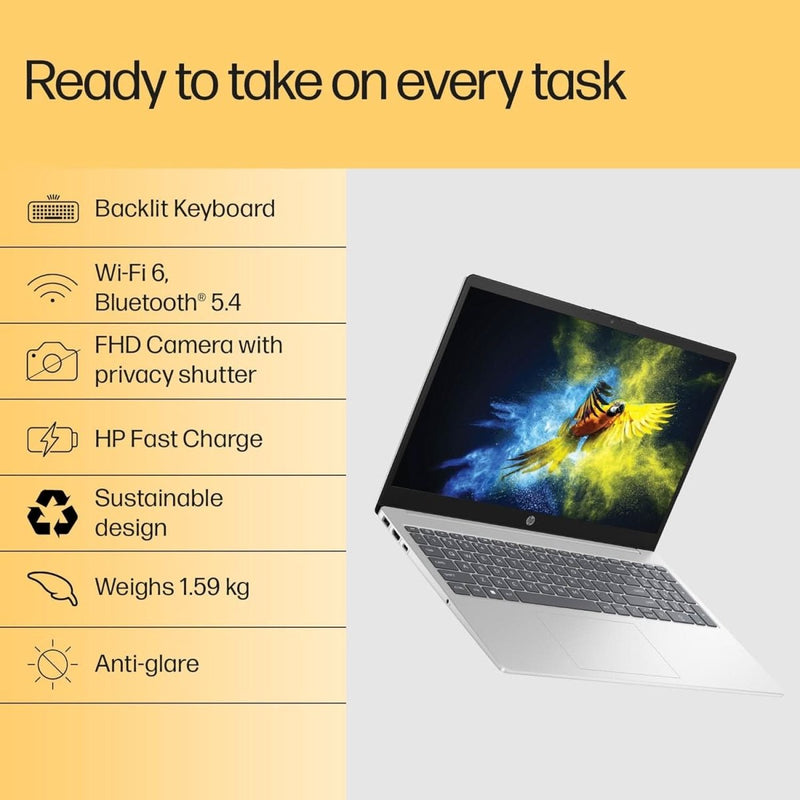 HP 15 FC0476AU [R7 - 5825U/16GB/512GB SSD/WIN11 HOME+MS24/15.6"/INTEGRATED GRAPHICS/1 YEAR(S)/SILVER] - SWIFT PERIPHERALS1093581