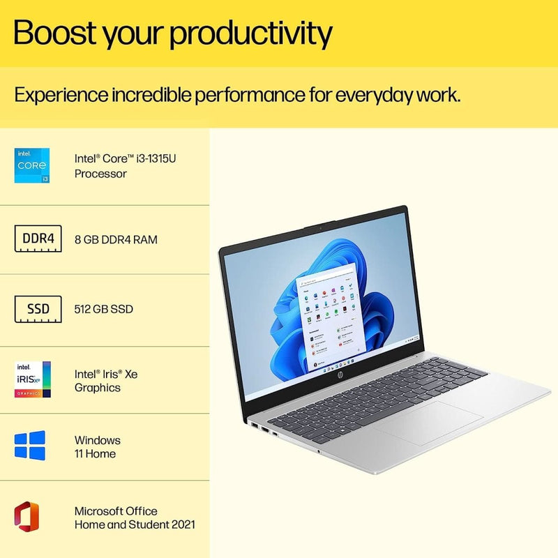 HP 15 - FD0006TU [CI3 - 1315U 13TH GEN/8GB DDR5/512GB SSD/WIN11 HOME+MSO/15.6 INCH/INTEGRATED GRAPHICS /1 YEAR(S)/SILVER] - SWIFT PERIPHERALS1085907