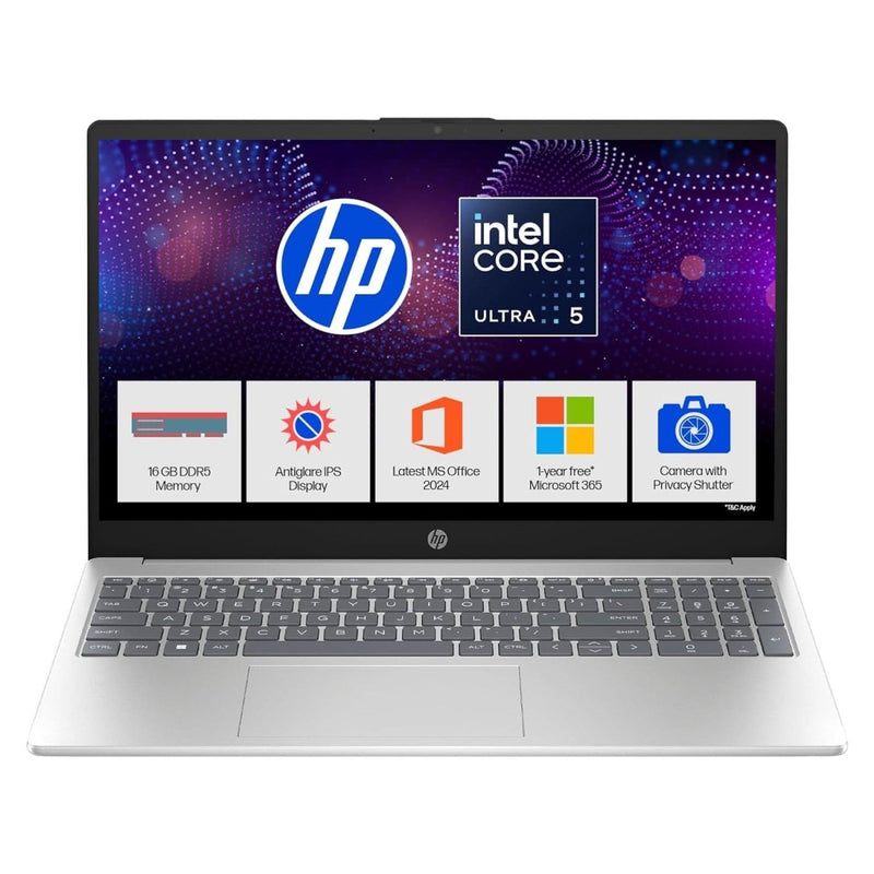 HP 15, INTEL CORE ULTRA 5 125H LAPTOP (16GB DDR5,512GB SSD) IPS, ANTI - GLARE, MICRO - EDGE, 15.6''/39.6CM, FHD, WIN11,M365 BASIC(1YR),OFFICE HOME24, SILVER,1.65KG, FHD CAMERA W/SHUTTER,BACKLIT, FD1254TU - SWIFT PERIPHERALS1094468