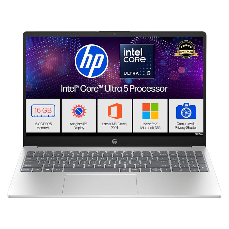 HP 15, INTEL ULTRA 5 125H (16GB DDR5, 1TB SSD) FHD, IPS, 15.6''/39.6CM, WIN11, M365 BASIC(1YR) OFFICE24, SILVER, 1.65KG, FD1255TU, INTEL ARC GRAPHICS, FHD CAMERA W/SHUTTER, AI POWERED LAPTOP - SWIFT PERIPHERALS1094756