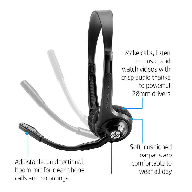 HP 150 Boom Mic On - Ear Wired Headset with Cushioned Pads and Adjustable Headband - SWIFT PERIPHERALS2EM62AA