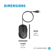 HP 150 WIRED MOUSE WIRED OPTICAL MOUSE (USB 2.0, BLACK) - SWIFT PERIPHERALS104884