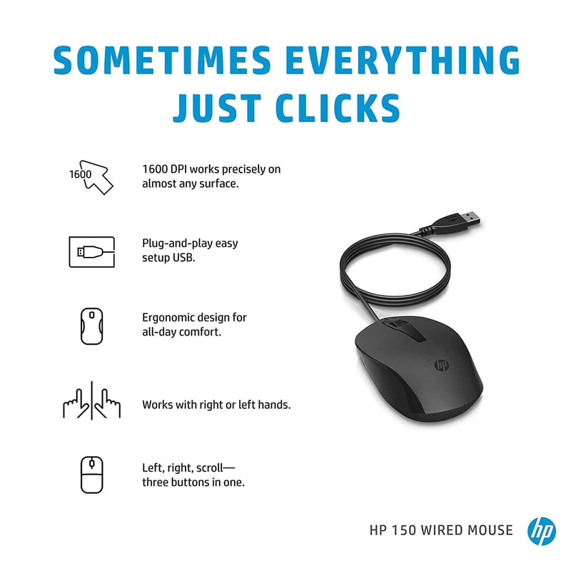 HP 150 WIRED MOUSE WIRED OPTICAL MOUSE (USB 2.0, BLACK) - SWIFT PERIPHERALS104884