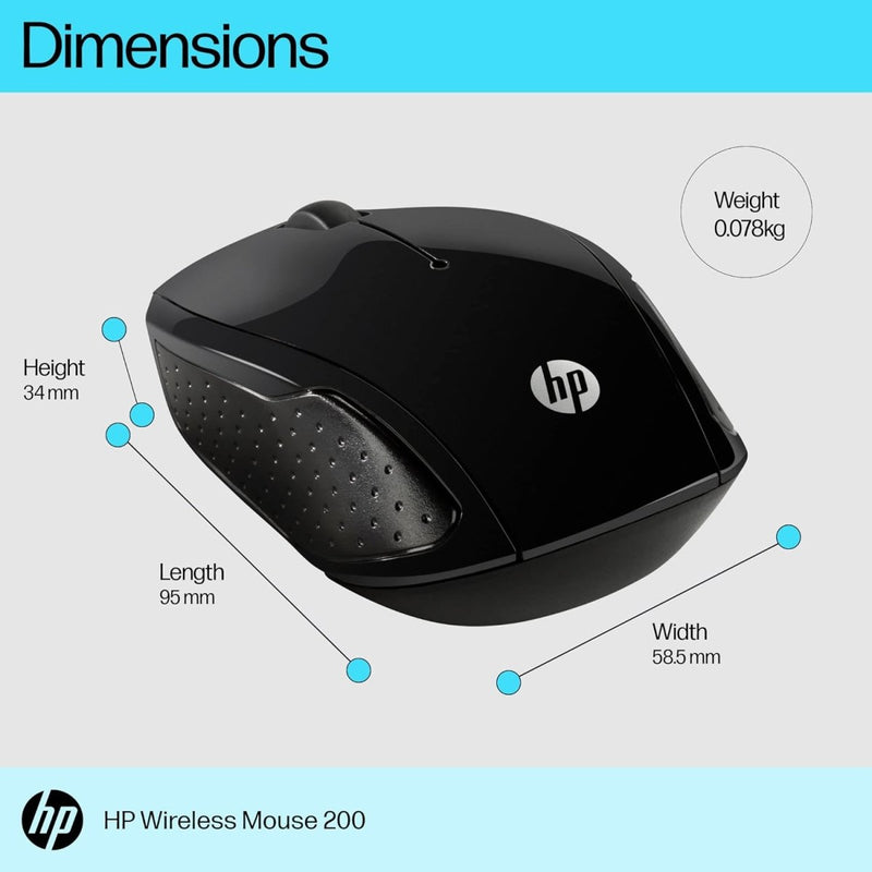 HP 200 Wireless Ambidextrous Design 2.4 GHz Optical Sensor Mouse - Black - SWIFT PERIPHERALSX6W31PT