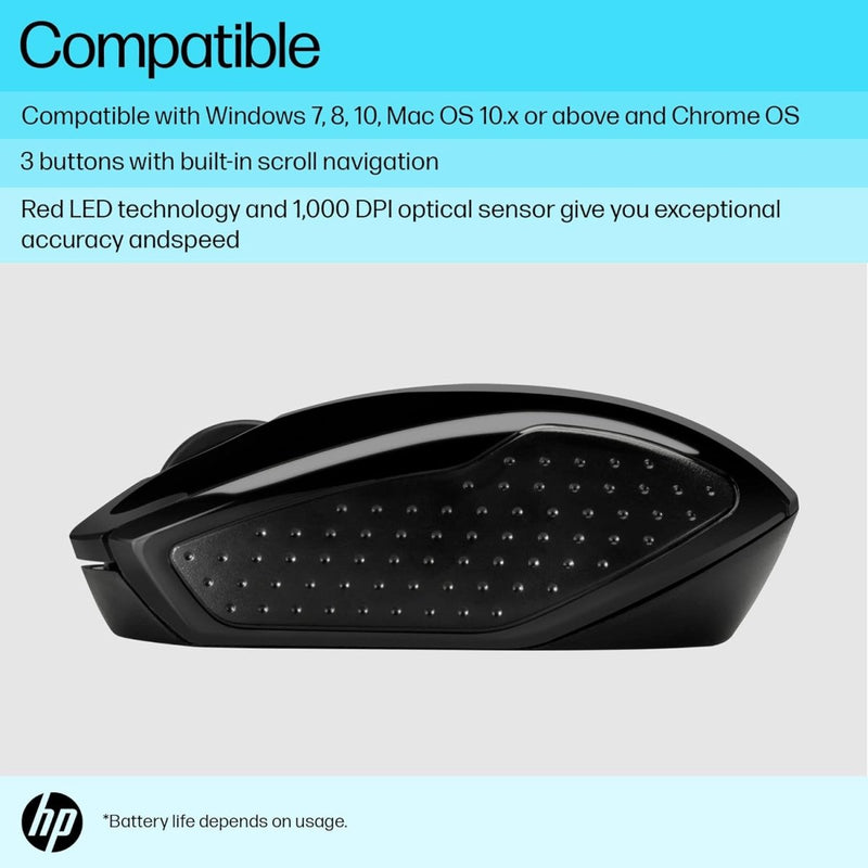 HP 200 Wireless Ambidextrous Design 2.4 GHz Optical Sensor Mouse - Black - SWIFT PERIPHERALSX6W31PT