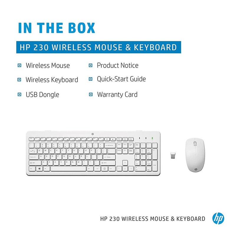 HP 230 Wireless Keyboard and 1600DPI Optical Mouse Ultra Slim Combo - White - SWIFT PERIPHERALS3L1F0AA
