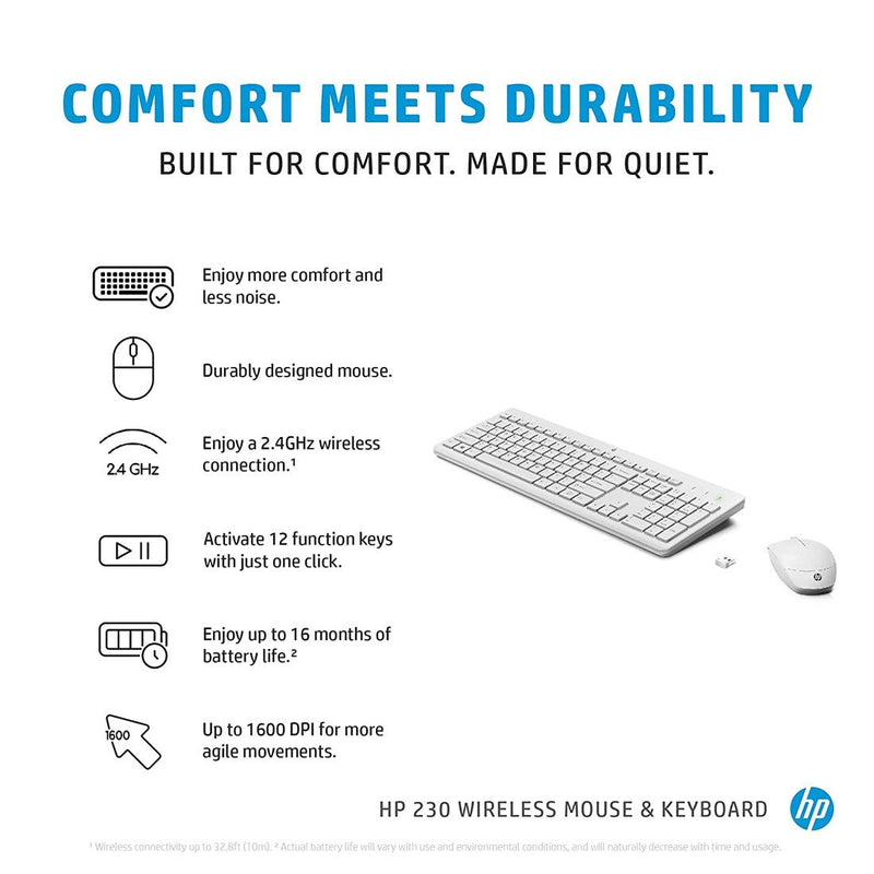 HP 230 Wireless Keyboard and 1600DPI Optical Mouse Ultra Slim Combo - White - SWIFT PERIPHERALS3L1F0AA