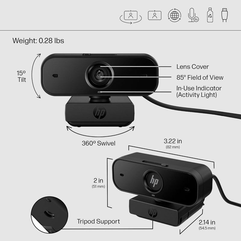 HP 430 FHD Webcam - USB, Plug & Play External Camera with Dual Mics & Privacy Shutter - SWIFT PERIPHERALS77B11AA