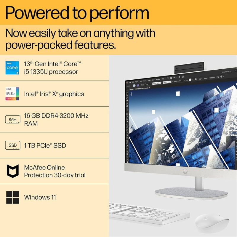 HP AIO PC 13TH GEN INTEL CORE I5 - 1335U,23.8INCH(60.5 CM) FHD,TOUCH,ANTI - GLARE (16 GB DDR4,1TB SSD,WIRELESS KEYBOARD & MOUSE COMBO,FHD IR TILT PRIVACY CAMERA) WIN 11,5.53KG,24 - CR0410IN - WINDOWS 11 HOME - SWIFT PERIPHERALS957L8PA