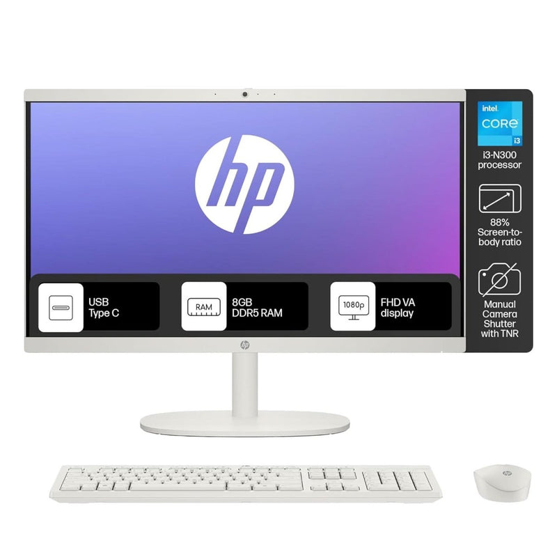 HP ALL - IN - ONE DESKTOP INTEL CORE I3 - N300,21.5 INCH(54.5CM),FHD,ANTI - GLARE,8 GB DDR5, 512GB SSD,WHITE WIRELESS KEYBOARD AND MOUSE COMBO,WHITE, WINDOWS 11, 4.17KG,22 - DG0786IN - SWIFT PERIPHERALS9T9X1PA