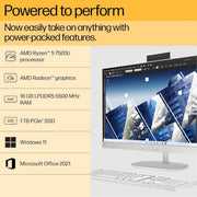 HP ALL - IN - ONE PC RYZEN 5 7520U 27 - INCH(68.6CM) FHD IPS DISPLAY, 16GB LPDDR5, 1TB SSD, AMD RADEON GRAPHICS, WIRELESS KEYBOARD AND MOUSE COMBO, FHD CAMERA, (WIN 11, MSO, SHELL WHITE, 6.72KG) 27 - CR0445IN - SWIFT PERIPHERALS948K2PA