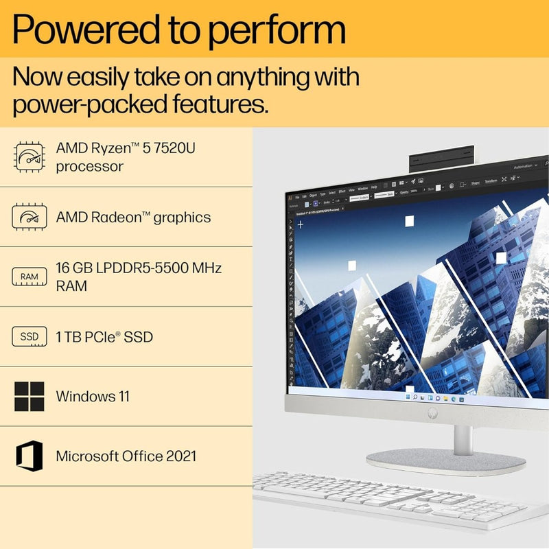 HP ALL - IN - ONE PC RYZEN 5 7520U 27 - INCH(68.6CM) FHD IPS DISPLAY, 16GB LPDDR5, 1TB SSD, AMD RADEON GRAPHICS, WIRELESS KEYBOARD AND MOUSE COMBO, FHD CAMERA, (WIN 11, MSO, SHELL WHITE, 6.72KG) 27 - CR0445IN - SWIFT PERIPHERALS948K2PA