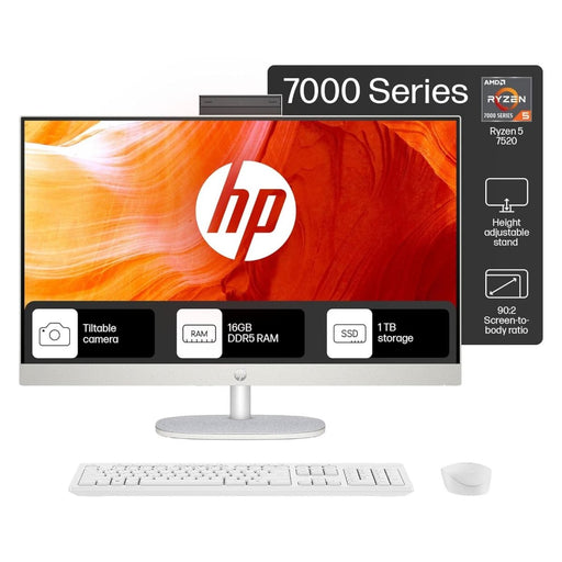 HP ALL - IN - ONE PC RYZEN 5 7520U 27 - INCH(68.6CM) FHD IPS DISPLAY, 16GB LPDDR5, 1TB SSD, AMD RADEON GRAPHICS, WIRELESS KEYBOARD AND MOUSE COMBO, FHD CAMERA, (WIN 11, MSO, SHELL WHITE, 6.72KG) 27 - CR0445IN - SWIFT PERIPHERALS948K2PA