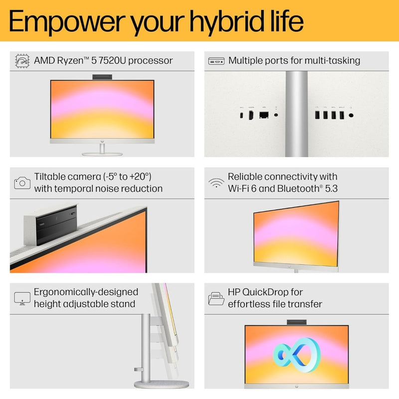 HP ALL - IN - ONE PC RYZEN 5 7520U 27 - INCH(68.6CM) FHD IPS DISPLAY, 16GB LPDDR5, 1TB SSD, AMD RADEON GRAPHICS, WIRELESS KEYBOARD AND MOUSE COMBO, FHD CAMERA, (WIN 11, MSO, SHELL WHITE, 6.72KG) 27 - CR0445IN - SWIFT PERIPHERALS948K2PA