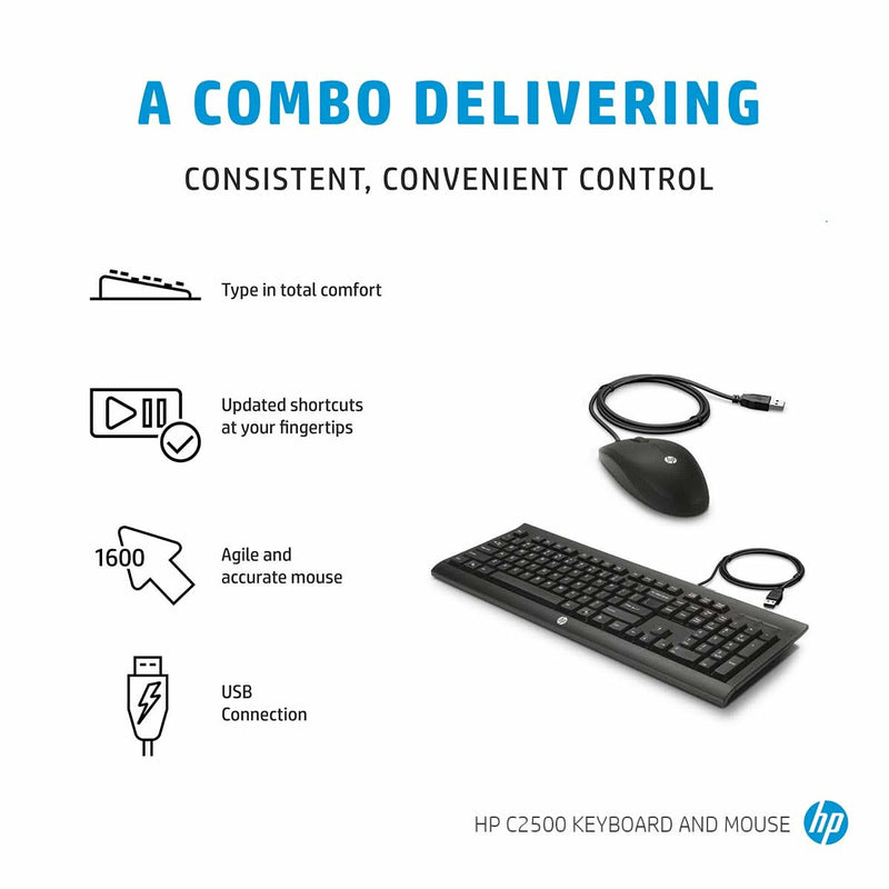 HP C2500 MULTIMEDIA SLIM USB WIRED KEYBOARD AND OPTICAL MOUSE COMBO (J8F15AA) - SWIFT PERIPHERALS104883