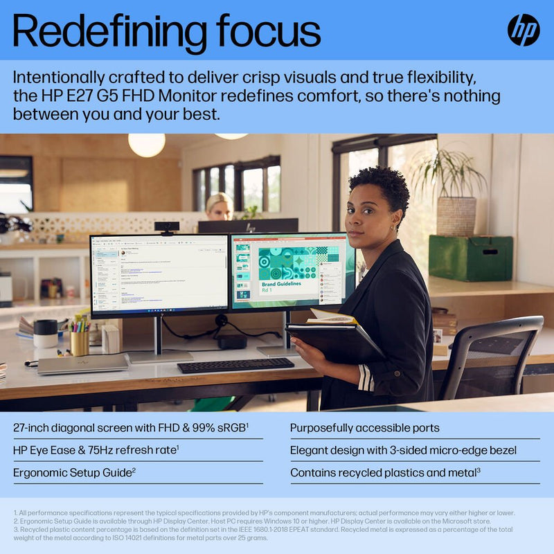 HP E27 G5 27" 75Hz 1080p FHD IPS Panel 99% sRGB Anti Glare Eye Ease Monitor - SWIFT PERIPHERALS6N4E2AA