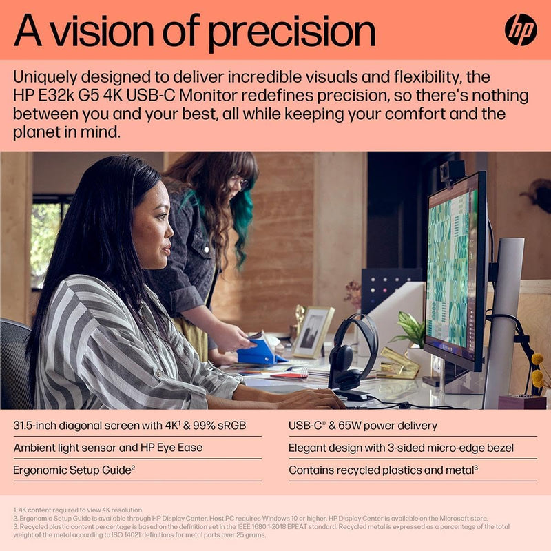 HP E32K G5 31.5" 2160p 4K UHD IPS Panel 99% sRGB Eye Ease USB - C Monitor with Speakers - SWIFT PERIPHERALS6N4D6AA