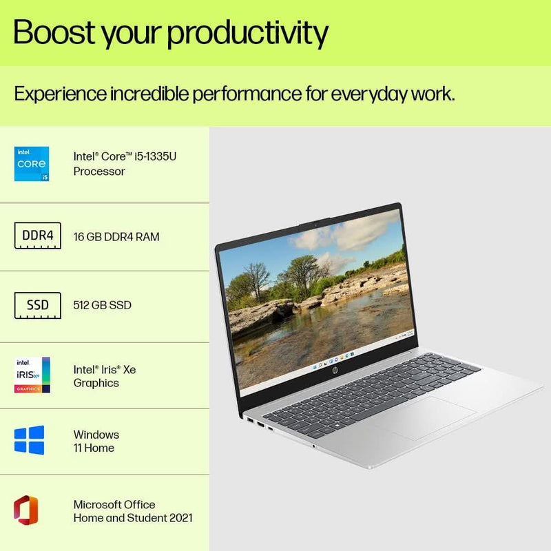 HP LAPTOP 15, 13TH GEN INTEL CORE I5 - 1335U, 15.6 - INCH (39.6 CM), FHD, 16GB DDR4, 512GB SSD, INTEL IRIS XE GRAPHICS, FHD CAMERA W/PRIVACY SHUTTER (WIN 11, MSO 2021, SILVER, 1.59 KG), FD0013TU - SWIFT PERIPHERALS1086576