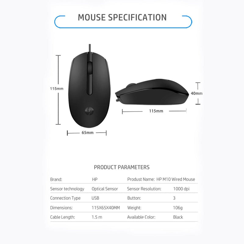 HP M10 Wired USB Optical Ergonomic Mouse with 3 Buttons and 1000DPI - SWIFT PERIPHERALS7YA10PA