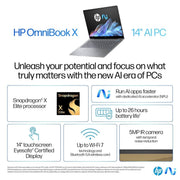 HP OMNIBOOK X LAPTOP, SNAPDRAGON X ELITE X1E - 78 - 100,14INCH(35.6 CM),2.2K TOUCH DISPLAY,IPS,16GB LPDDR5X,1TB SSD,NEXT GEN WINDOWS, COPILOT +,BLUE,1.34 KG,14 - FE0121QU - SWIFT PERIPHERALSHplaptop-0083