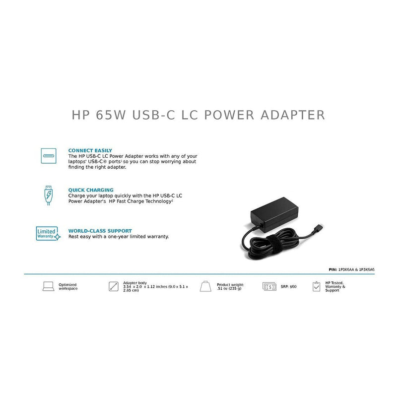 HP Original 65W 19.5V USB Type C Pin Laptop Charger Adapter - SWIFT PERIPHERALS944V0AA