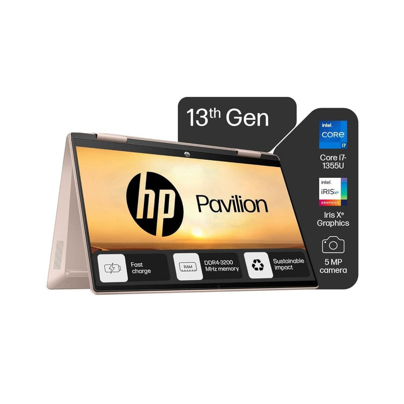 HP PAVILION 14 X360 INTEL CORE I7 13TH GEN 1355U - (16 GB/512 GB SSD/WINDOWS 11 HOME) 14 - EK1152TU 2 IN 1 LAPTOP (14 INCH, PALE ROSE GOLD COVER & BASE, 1.51 KG, WITH MS OFFICE) - SWIFT PERIPHERALSHplaptop-0092