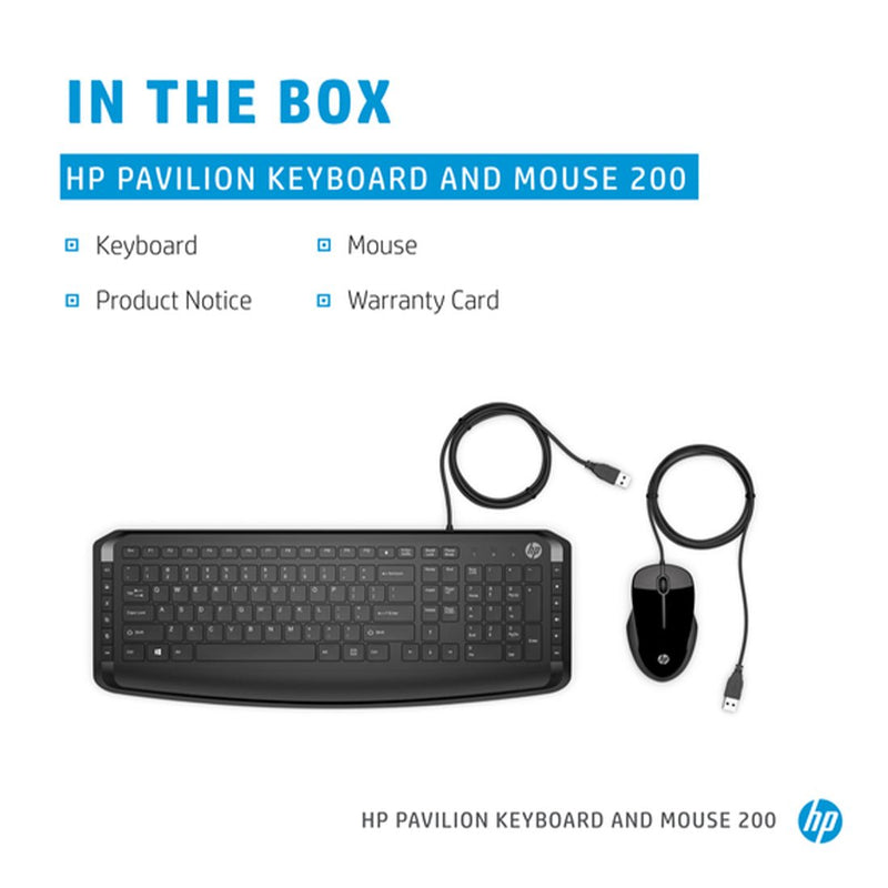 HP Pavilion 200 Wired Keyboard and Optical Mouse with 1600 DPI Combo - SWIFT PERIPHERALS9DF28AA