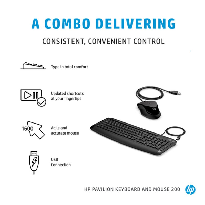 HP Pavilion 200 Wired Keyboard and Optical Mouse with 1600 DPI Combo - SWIFT PERIPHERALS9DF28AA