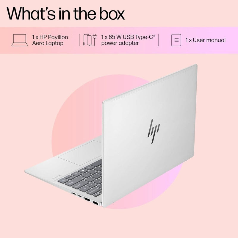 HP PAVILION AERO AI LAPTOP, AMD RYZEN 5 8640U, 16 TOPS, 16GB LPDDR5X, 512GB SSD, (WIN 11, OFFICE 21, SILVER, < 1KG) 13.3 - INCH (33.8CM), ULTRA - LIGHT, WUXGA, AMD RADEON GRAPHICS, 5MP CAMERA, BG0016AU - SWIFT PERIPHERALSHplaptop-0090