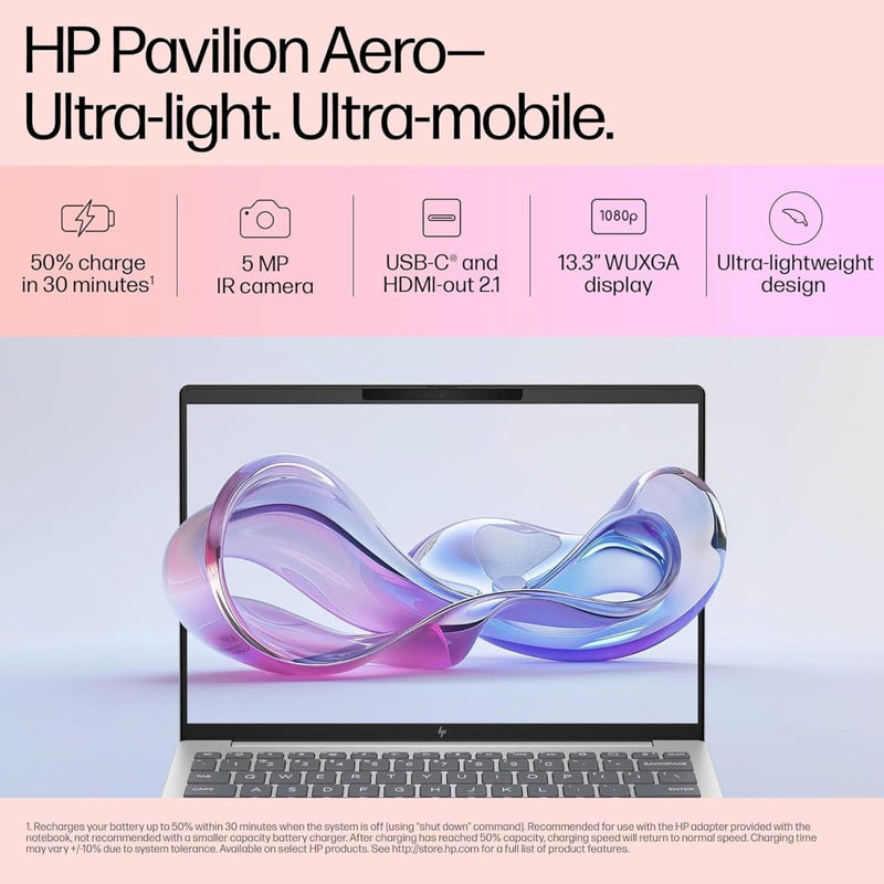 HP PAVILION AERO AI LAPTOP, AMD RYZEN 5 8640U, 16 TOPS, 16GB LPDDR5X, 512GB SSD, (WIN 11, OFFICE 21, SILVER, < 1KG) 13.3 - INCH (33.8CM), ULTRA - LIGHT, WUXGA, AMD RADEON GRAPHICS, 5MP CAMERA, BG0016AU - SWIFT PERIPHERALSHplaptop-0090