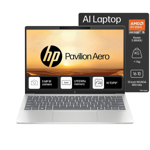 HP PAVILION AERO AI LAPTOP, AMD RYZEN 5 8640U, 16 TOPS, 16GB LPDDR5X, 512GB SSD, (WIN 11, OFFICE 21, SILVER, < 1KG) 13.3 - INCH (33.8CM), ULTRA - LIGHT, WUXGA, AMD RADEON GRAPHICS, 5MP CAMERA, BG0016AU - SWIFT PERIPHERALSHplaptop-0090