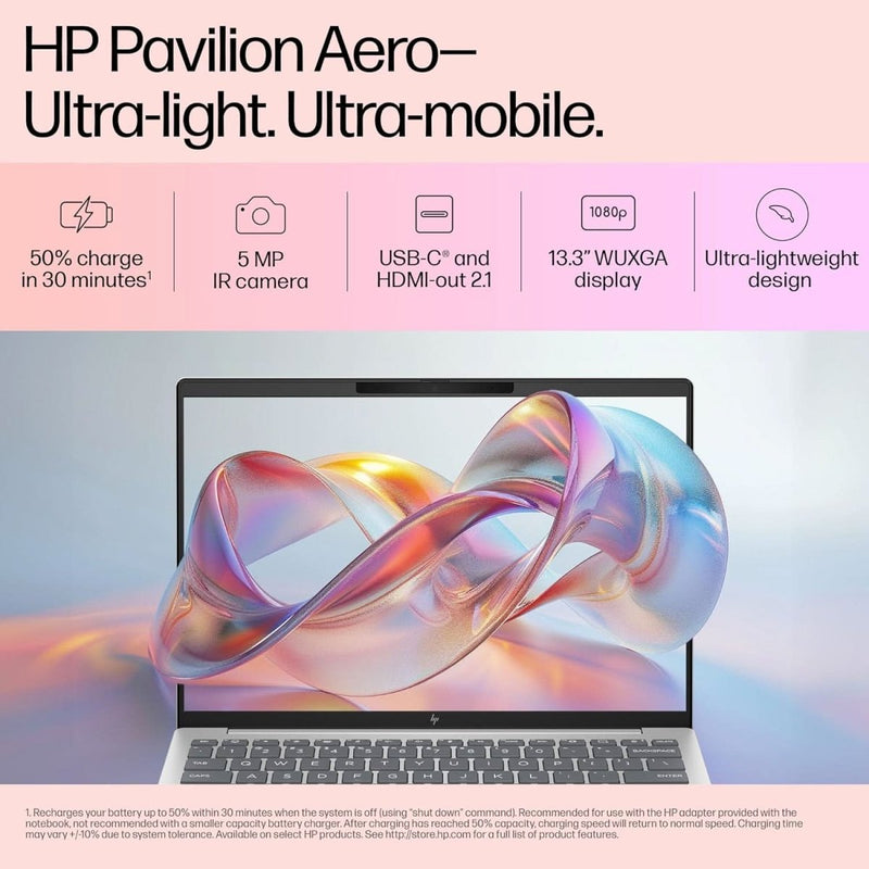 HP PAVILION AERO AI LAPTOP, AMD RYZEN 7 8840U, 16 TOPS, 16GB LPDDR5X, 512GB SSD, (WIN11, OFFICE21, SILVER, < 1KG), 13.3 - INCH (33.8CM), ULTRA - LIGHT, WUXGA, AMD RADEON GRAPHICS, 5MP CAMERA, BG0017AU - SWIFT PERIPHERALSHplaptop-0091