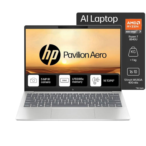 HP PAVILION AERO AI LAPTOP, AMD RYZEN 7 8840U, 16 TOPS, 16GB LPDDR5X, 512GB SSD, (WIN11, OFFICE21, SILVER, < 1KG), 13.3 - INCH (33.8CM), ULTRA - LIGHT, WUXGA, AMD RADEON GRAPHICS, 5MP CAMERA, BG0017AU - SWIFT PERIPHERALSHplaptop-0091