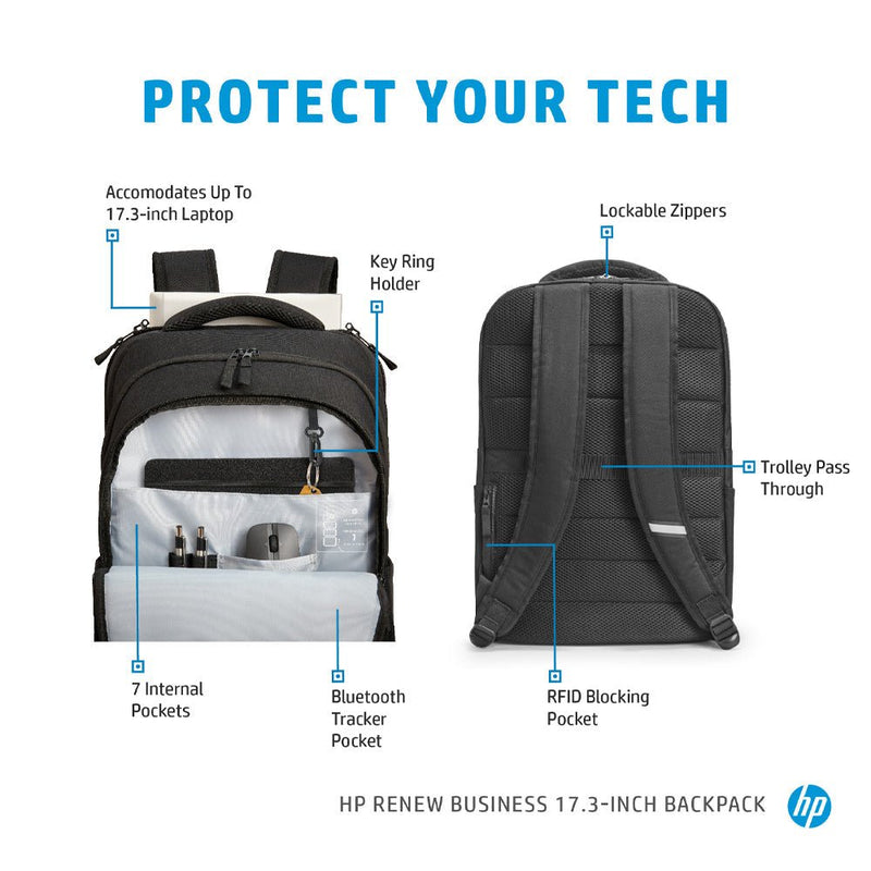 HP Renew Business 17.3 - inch Laptop Backpack with RFID and Bluetooth Tracker Pocket - SWIFT PERIPHERALS3E2U5UT