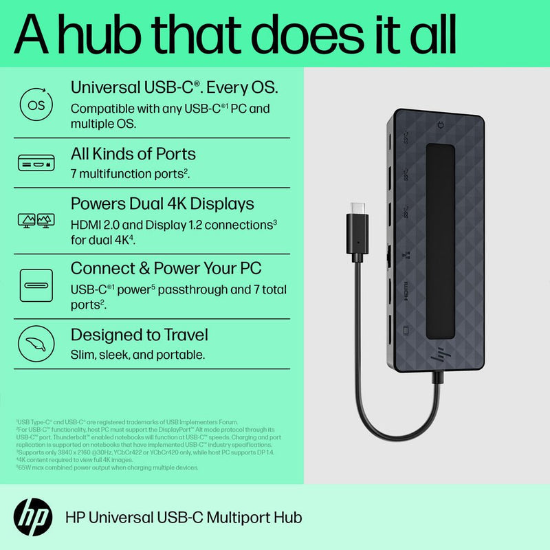 HP Universal USB - C Multiport Hub, HDMI Port, RJ45 Ethernet Port, DisplayPort 1.2 Ports, 4K Dual Outputs, USB - A, 3.2 Ports, USB - C Passthrough - SWIFT PERIPHERALS50H55PT