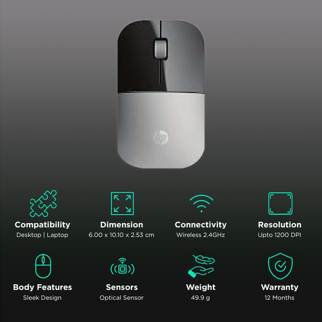 HP Z3700 1200 DPI Sleek Design Optical Sensor 2.4 GHz Wireless Mouse - Silver - SWIFT PERIPHERALSX7Q44AA