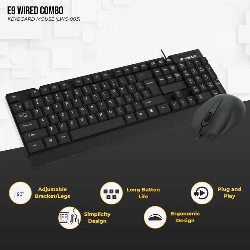 Lapcare E9 USB Wired USB 2.0 Keyboard and 1000DPI Optical Mouse Combo - Black - SWIFT PERIPHERALSLKKBWC7988