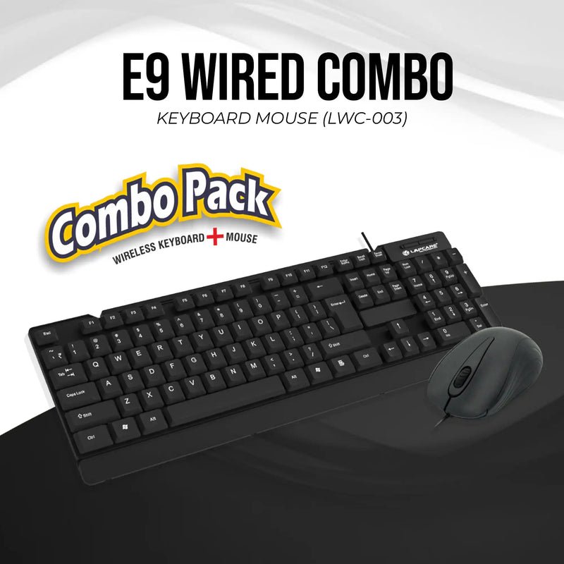 Lapcare E9 USB Wired USB 2.0 Keyboard and 1000DPI Optical Mouse Combo - Black - SWIFT PERIPHERALSLKKBWC7988
