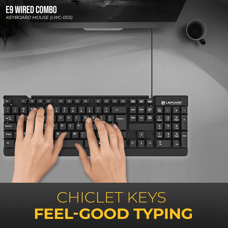 Lapcare E9 USB Wired USB 2.0 Keyboard and 1000DPI Optical Mouse Combo - Black - SWIFT PERIPHERALSLKKBWC7988