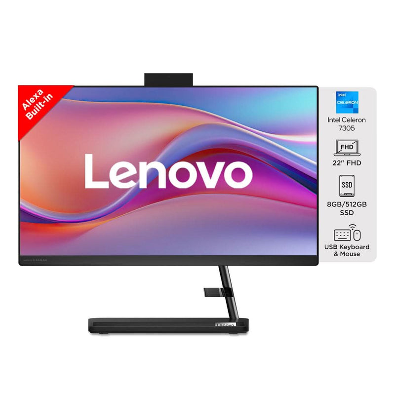 LENOVO IDEACENTRE AIO 3 INTEL CELERON 7305 22 INCH FHD IPS 3 - SIDE EDGELESS ALL - IN - ONE DESKTOP WITH ALEXA BUILT - IN (8GB/512GB SSD/WIN11/HD 720P CAMERA/USB WIRED KEYBOARD & MOUSE), F0GG0061IN - SWIFT PERIPHERALSF0GG0061IN