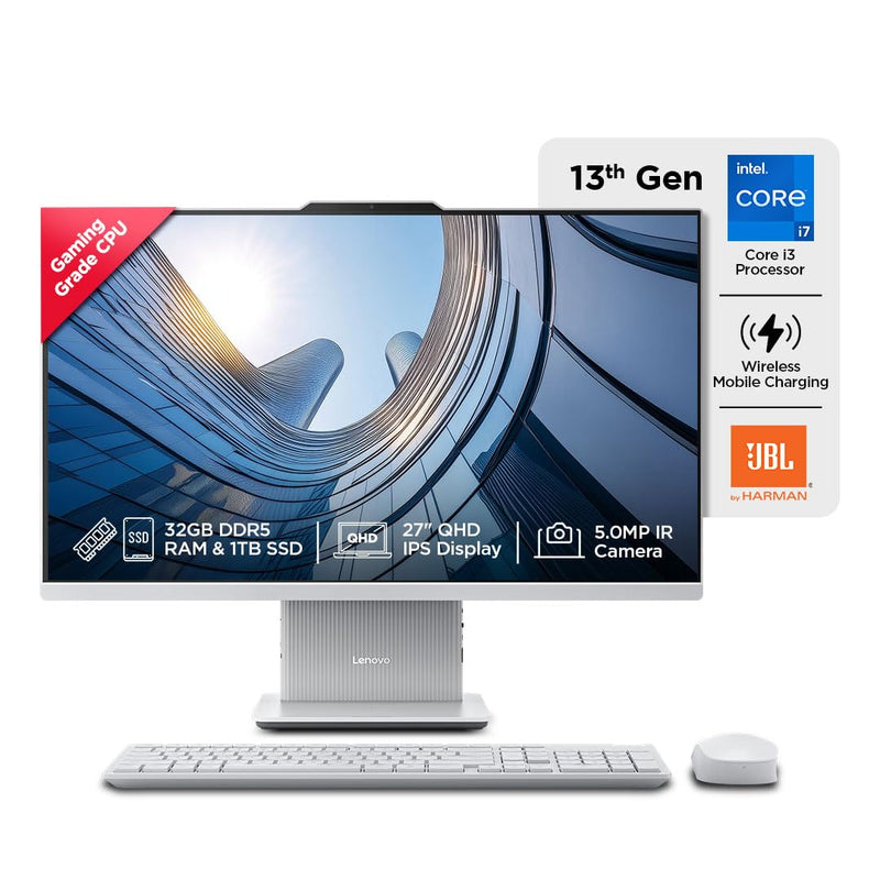 LENOVO IDEACENTRE AIO INTEL CORE I7 13620H 27 INCH QHD IPS 3 - SIDE EDGELESS ALL - IN - ONE DESKTOP (32GB/1TB SSD/WIN11/OFFICE 21/5.0MP+IR CAMERA/3WX2 HARMAN SPEAKERS/WIRELESS EOS KEYBOARD & MOUSE), F0HM0067IN - SWIFT PERIPHERALSF0HM0067IN