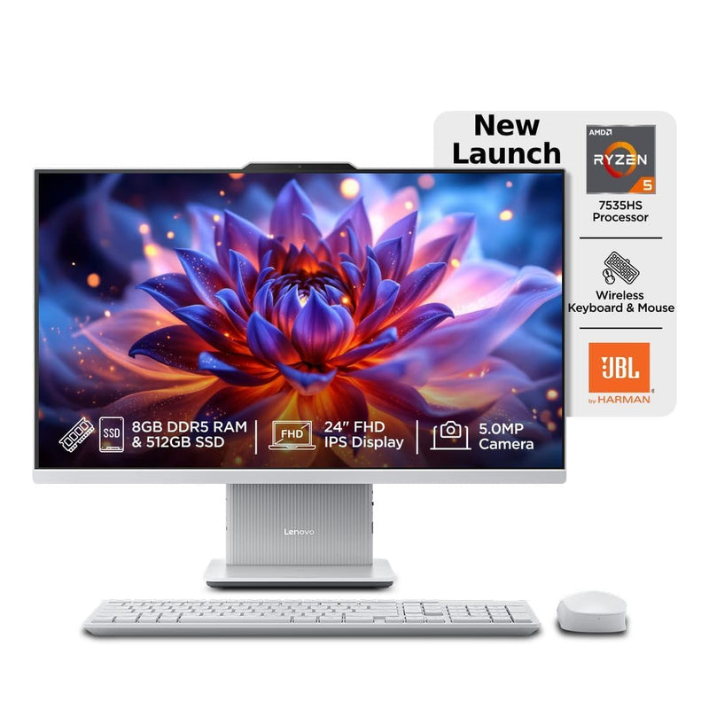 LENOVO IDEACENTRE AIO RYZEN 5 7535HS 23.8" FHD IPS ALL - IN - ONE DESKTOP (8GB RAM/512GB SSD/WIN11/MICROSOFT 365 BASIC + OFFICE HOME 2024/3WX2 SPEAKERS/5MP CAMERA/WIRELESS KEYBOARD & MOUSE), F0HR009BIN - SWIFT PERIPHERALS1094779