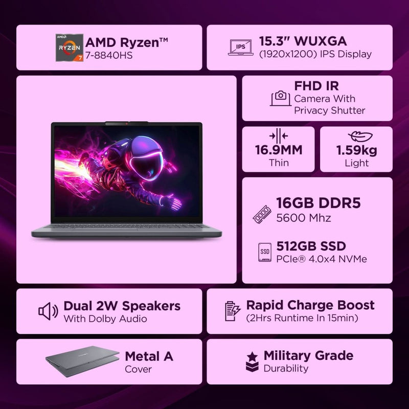 Lenovo IdeaPad Slim 3 AMD Ryzen 7 8840HS, 16GB, 512GB SSD, Integrated AMD Radeon 780M Graphics, 15.3 Inch WUXGA IPS, Win 11, MS Office 2024, Luna Grey, 83KA0048IN - SWIFT PERIPHERALS1096669