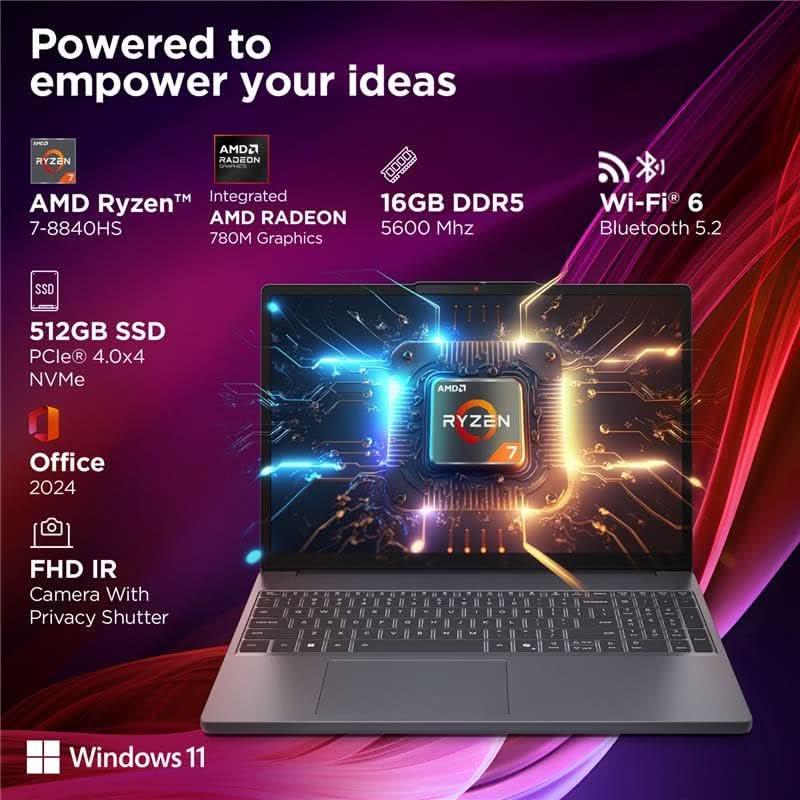 Lenovo IdeaPad Slim 3 AMD Ryzen 7 8840HS, 16GB, 512GB SSD, Integrated AMD Radeon 780M Graphics, 15.3 Inch WUXGA IPS, Win 11, MS Office 2024, Luna Grey, 83KA0048IN - SWIFT PERIPHERALS1096669